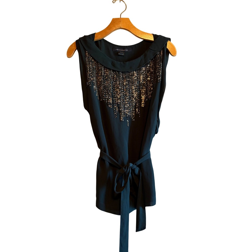 French Connection Black Sequin Sparkly Beaded  Sleeveless Blouse Top Y2K 2 Lined